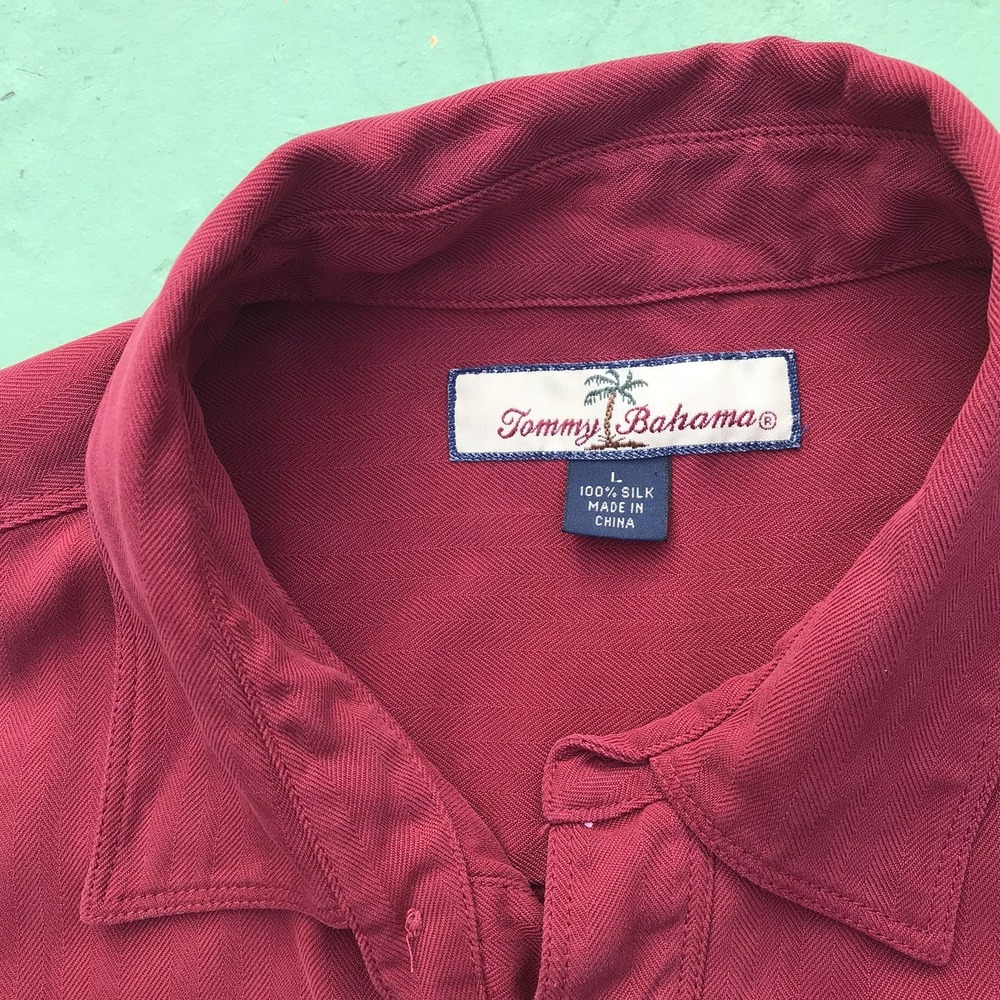 Tommy Bahama Mens Large Rose Red Button Up Shirt Long Sleeve Pocket 100% Silk - Picture 2 of 16